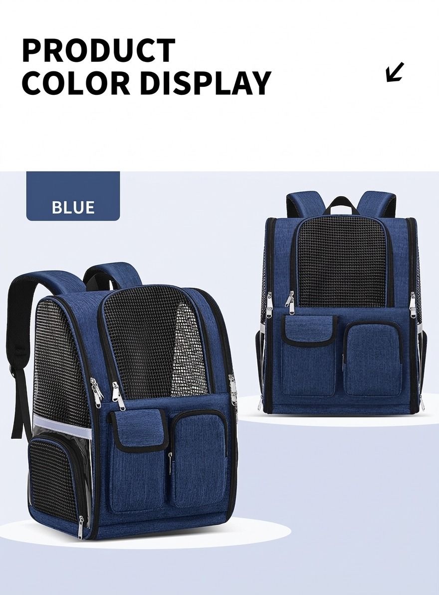 Pet Carrier Backpack for Travel, Hiking, and Vet Visits – Breathable Mesh Design with Reflective Safety Strips, Ideal for Cats and Small Dogs, Hands-Free Convenience for Outdoor Adventures (Navy)