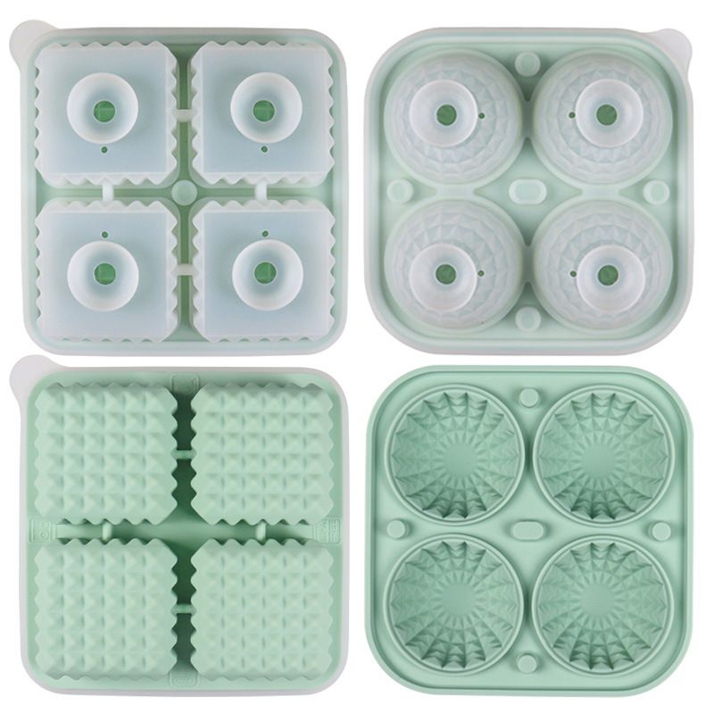 Diamond Facet Silicone Ice Cube Tray with Funnel Lid – Set of Square & Sphere Molds for Whiskey, Cocktails, and Chilled Beverages, BPA-Free Flexible Mold for Home Bar, Kitchen, and Party Use (Green)