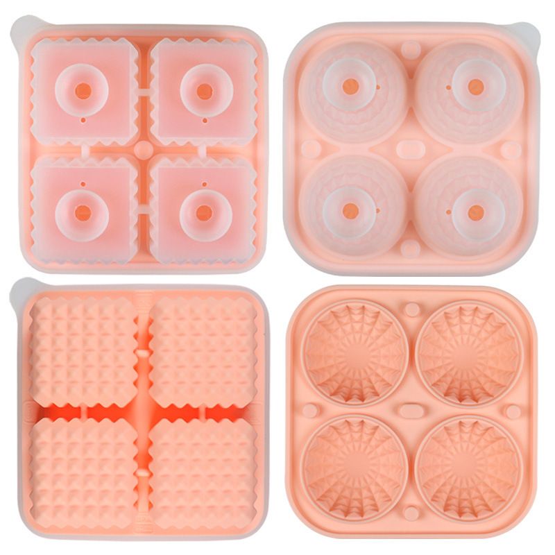 Diamond Facet Silicone Ice Cube Tray with Funnel Lid – Set of Square & Sphere Molds for Whiskey, Cocktails, and Chilled Beverages, BPA-Free Flexible Mold for Home Bar, Kitchen, and Party Use (Pink)