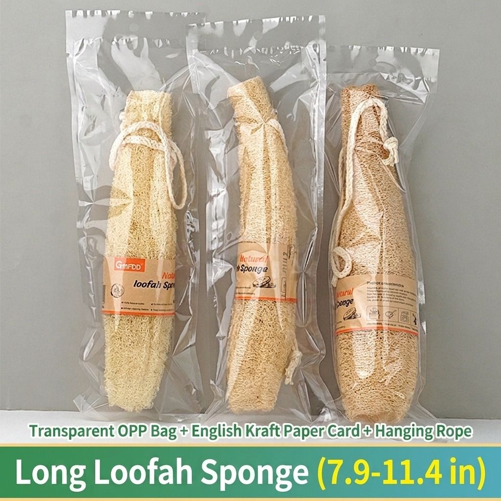 Natural Long Loofah Sponge for Kitchen Cleaning, Non-Stick Dish Scrubber, Eco-Friendly Plant Fiber Scouring Pad with Hanging Rope, Versatile for Pots, Pans, and Cookware (M, OPP)