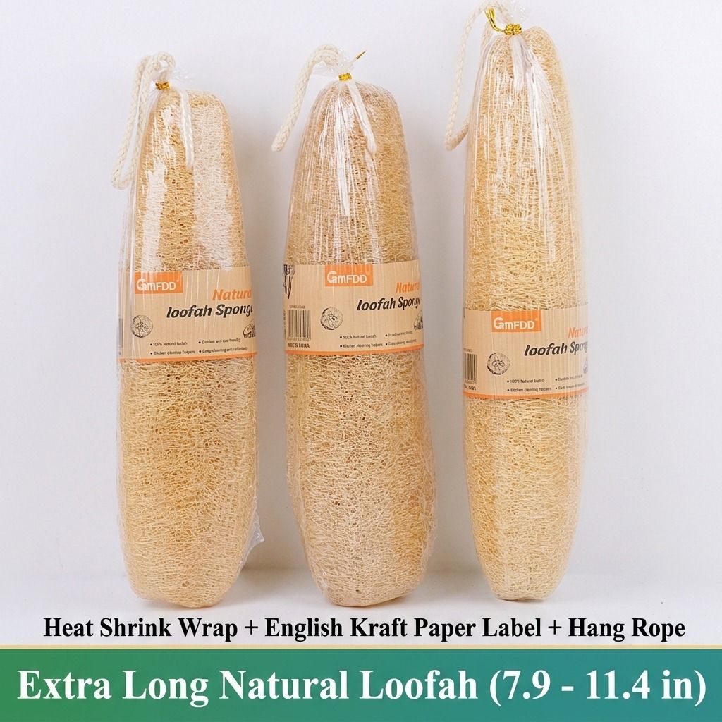 Natural Long Loofah Sponge for Kitchen Cleaning, Non-Stick Dish Scrubber, Eco-Friendly Plant Fiber Scouring Pad with Hanging Rope, Versatile for Pots, Pans, and Cookware (M, Shrink)