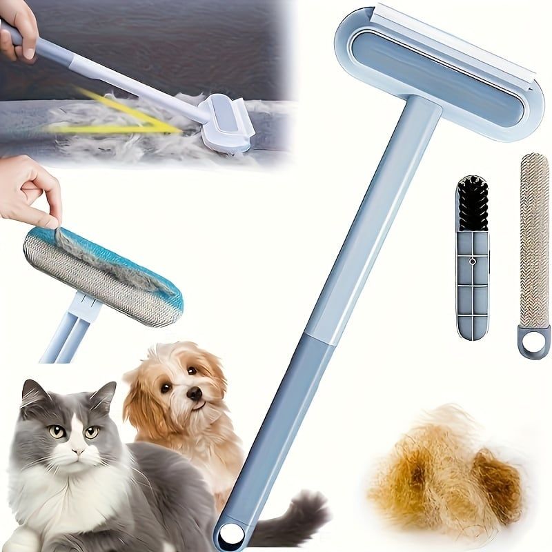Triple-Action Pet Hair Remover Brush for Cats and Dogs – Reusable Lint Roller with Washable Blue and Grey Fabric Bristles, Durable Plastic Handle, Perfect for Carpets, Upholstery, Clothing, and Car Interiors