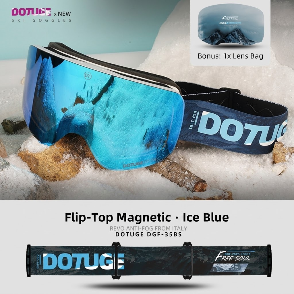 DOTUGE Magnetic Flip-Up Ski Goggles with Dual Frame Design, Anti-Fog HD Lens, Impact-Resistant TPU Frame, and Adjustable Strap for Winter Snow Sports (IceBlue)
