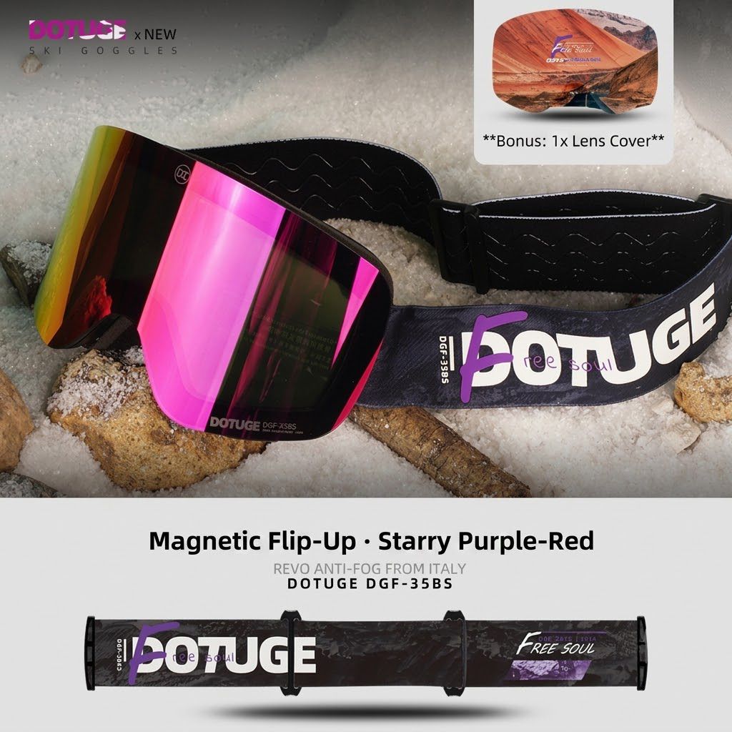 DOTUGE Magnetic Flip-Up Ski Goggles with Dual Frame Design, Anti-Fog HD Lens, Impact-Resistant TPU Frame, and Adjustable Strap for Winter Snow Sports (Rose)