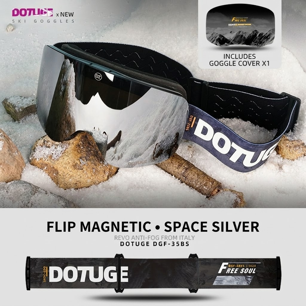 DOTUGE Magnetic Flip-Up Ski Goggles with Dual Frame Design, Anti-Fog HD Lens, Impact-Resistant TPU Frame, and Adjustable Strap for Winter Snow Sports (SpaceSilver)