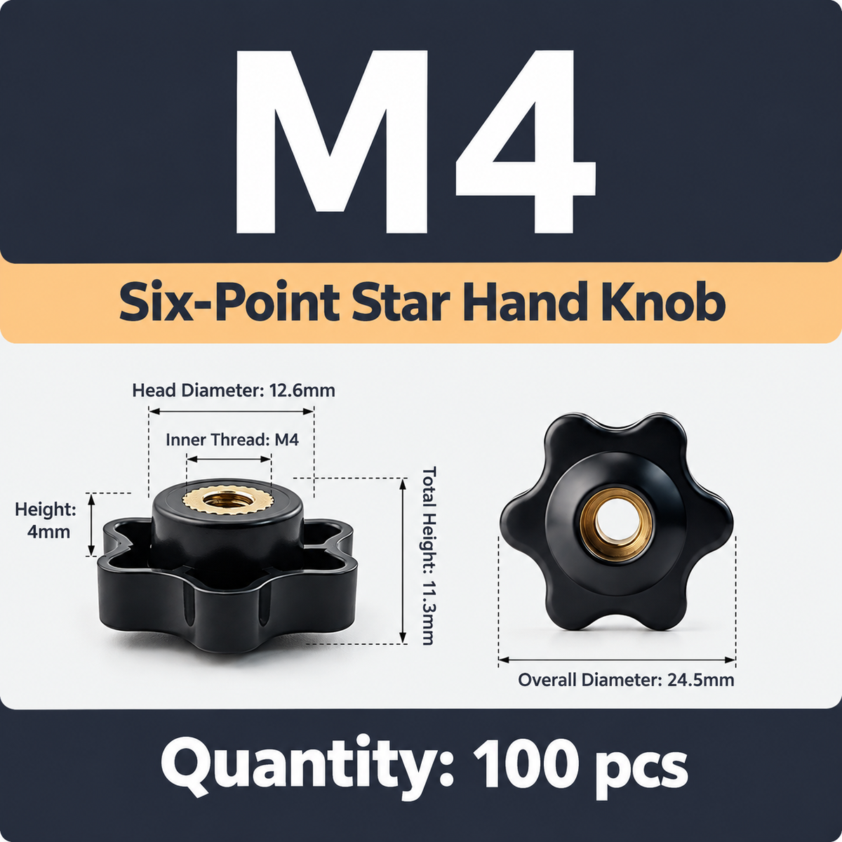 Six-Lobe Star Through-Hole Hand Knob Tightening Fastener with Brass Internal Thread for Furniture Decoration, Food Industry, Marine Parts, Mechanical Operations and General Industrial Production (M4(100PCS))