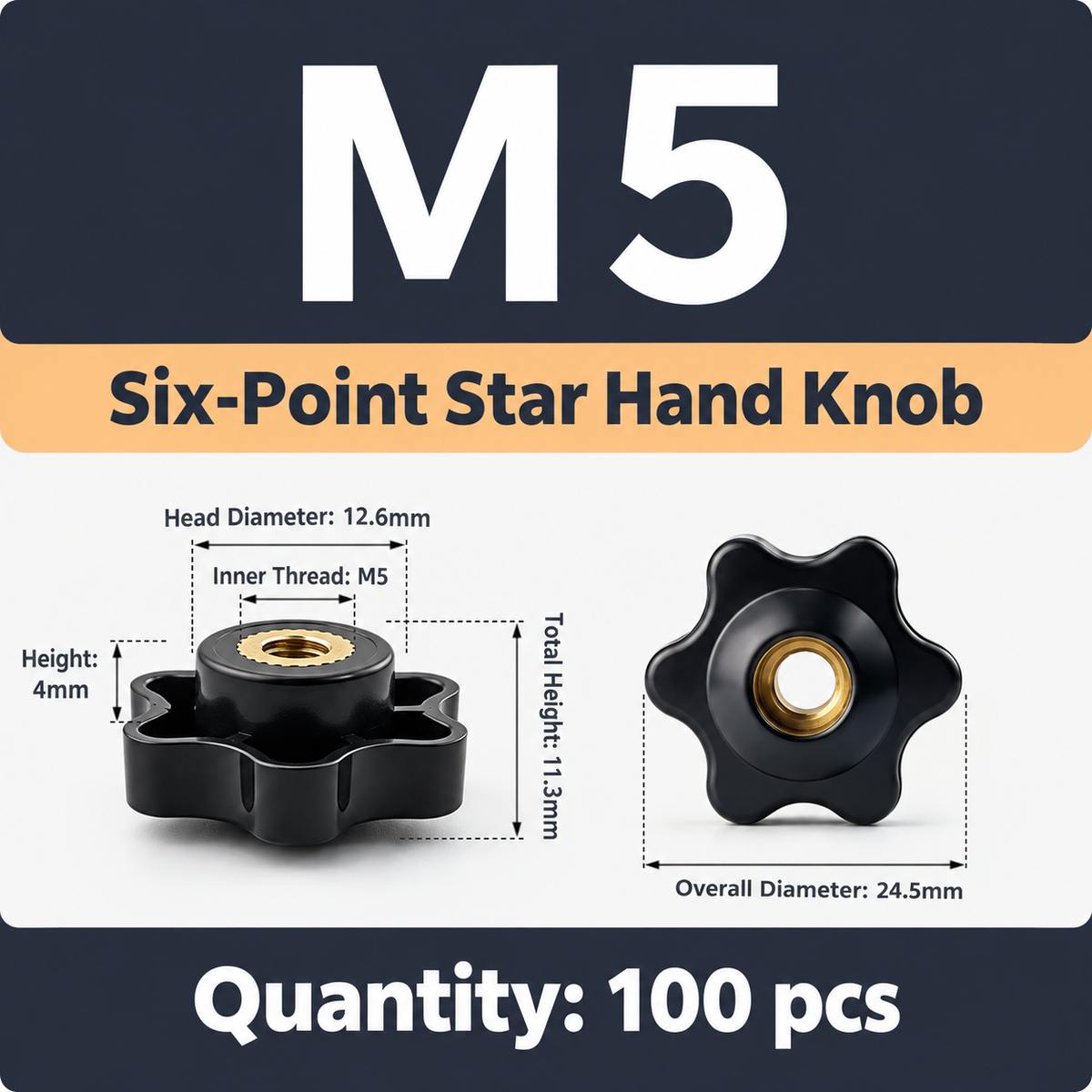 Six-Lobe Star Through-Hole Hand Knob Tightening Fastener with Brass Internal Thread for Furniture Decoration, Food Industry, Marine Parts, Mechanical Operations and General Industrial Production (M5(100PCS))