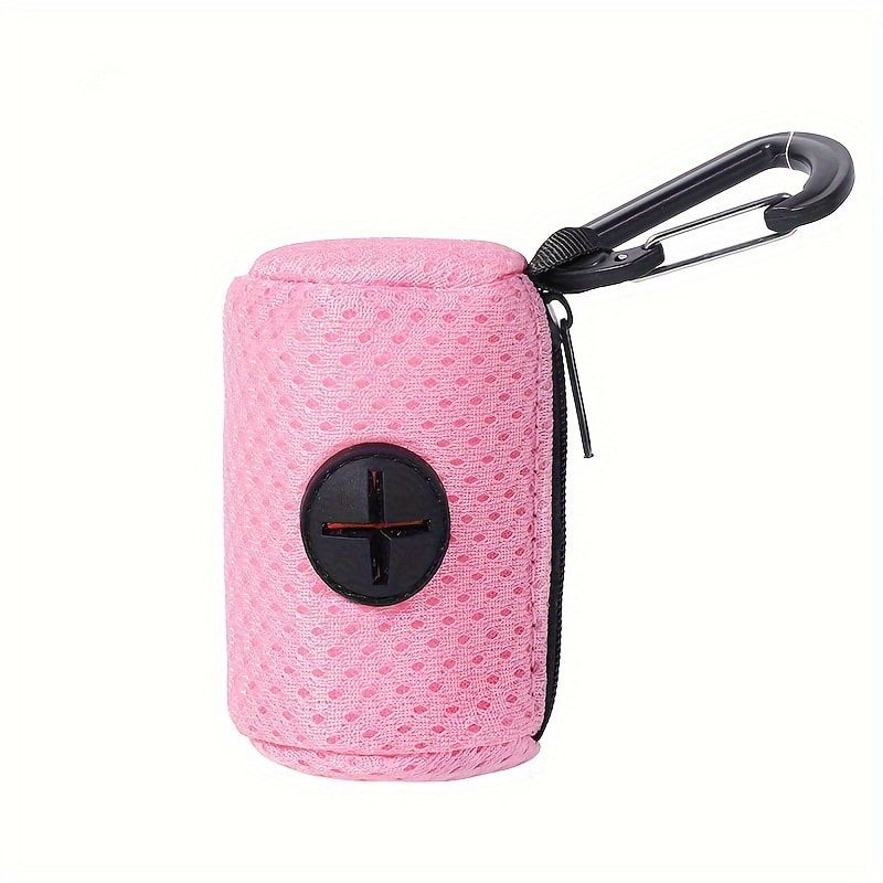 Portable Poop Bag Holder Dispenser for Dog Walking – Mesh Roll Bag Storage Case with Carabiner Clip, Easy One-Hand Pull for Outdoor Pet Waste Cleanup (Pink)