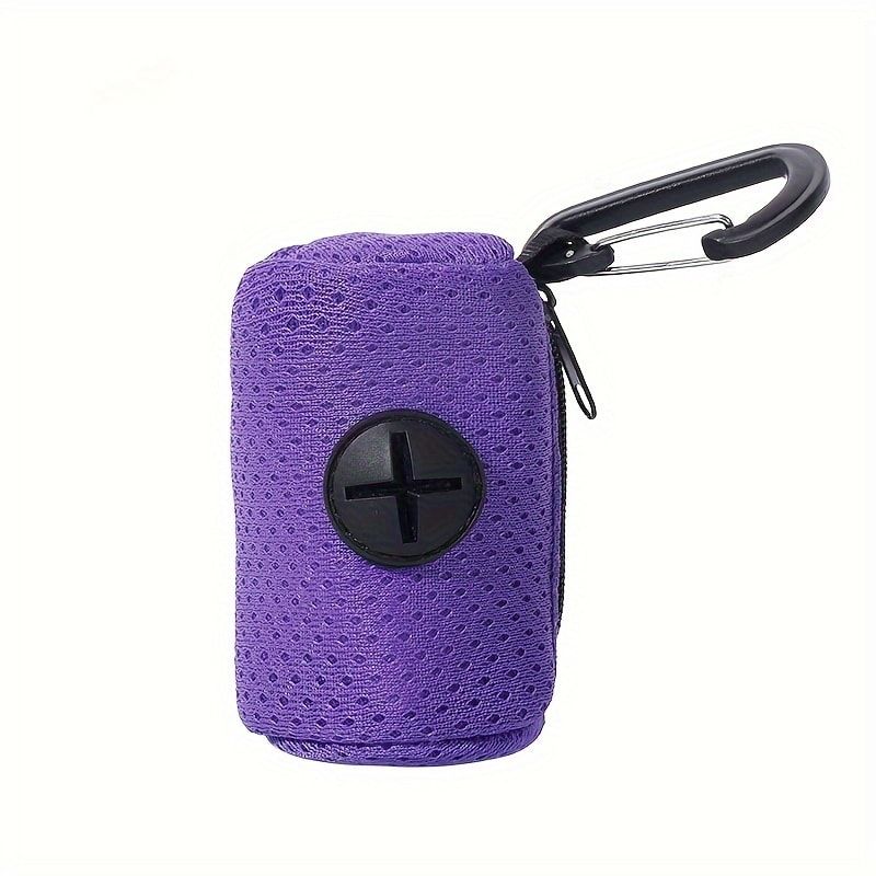 Portable Poop Bag Holder Dispenser for Dog Walking – Mesh Roll Bag Storage Case with Carabiner Clip, Easy One-Hand Pull for Outdoor Pet Waste Cleanup (Purple)