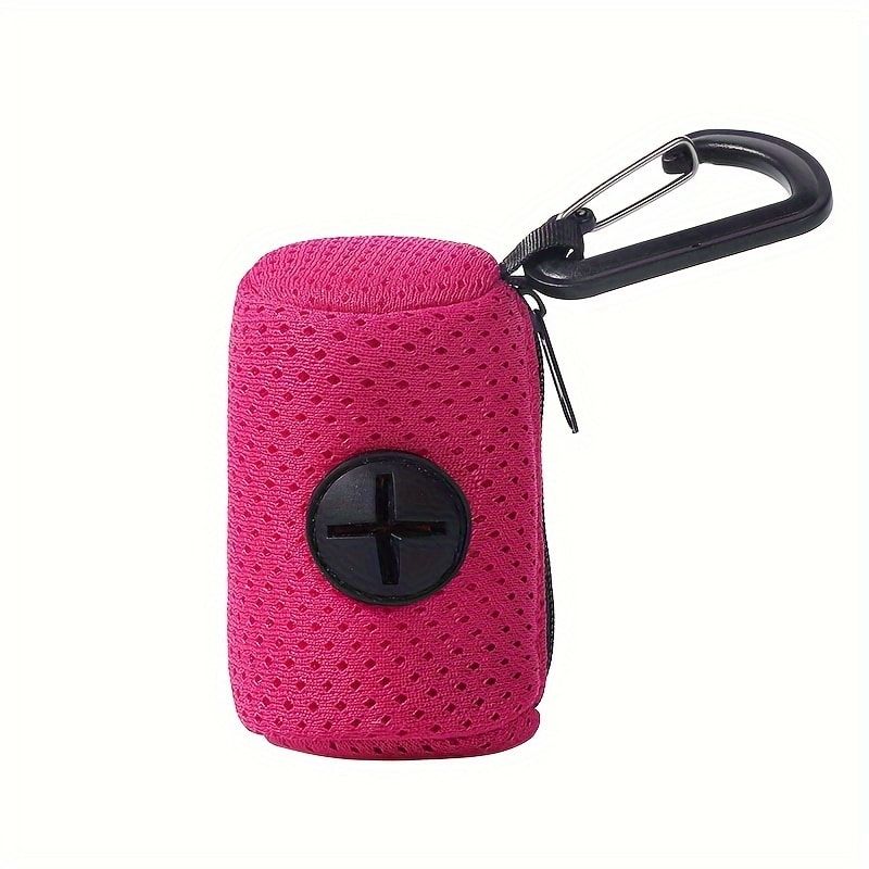 Portable Poop Bag Holder Dispenser for Dog Walking – Mesh Roll Bag Storage Case with Carabiner Clip, Easy One-Hand Pull for Outdoor Pet Waste Cleanup (Red)