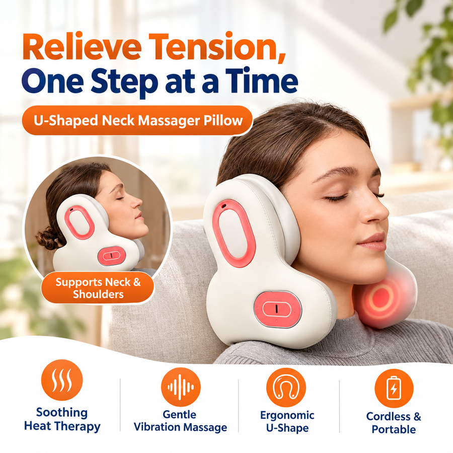 Multifunctional U-Shaped Neck Pillow Massager with Heat Red Light Therapy ANC Noise Cancellation Bluetooth Audio and Hands-Free Calling for Home Office and Travel Relaxation (White)