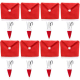 Christmas Decoration 16-Piece Set: Festive Chair Covers and Mini Santa Hat Utensil Sleeves for Holiday Dinner Parties, Table Decor, and Wine Bottle Accents (Red)