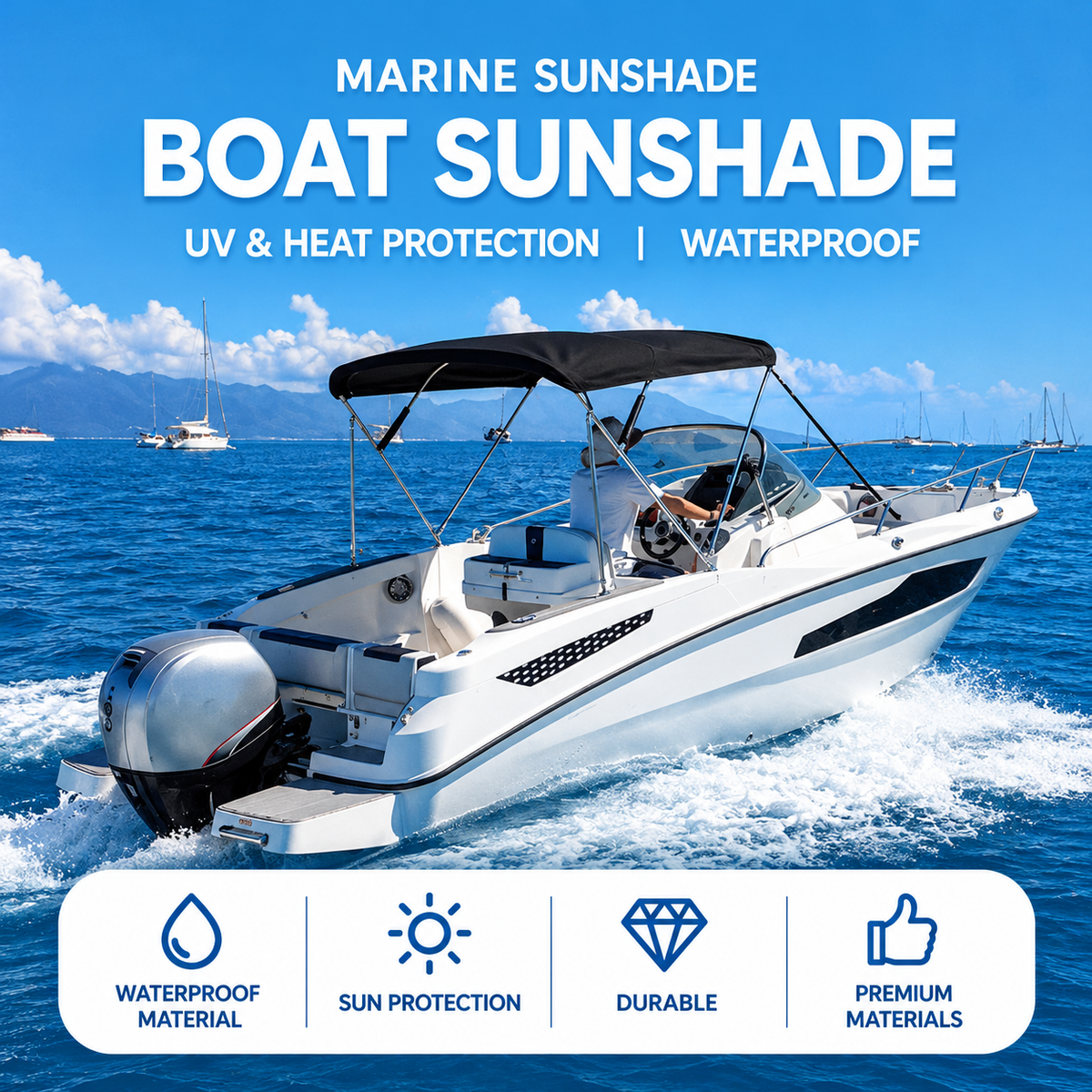 Waterproof 600D Oxford Bimini Top Sun Shade Canopy with Storage Boot for Small Boats, Speedboats, Kayaks, Fishing Boats and Leisure Yachts, All-Season Sun and Rain Protection (Grey, 3 Bow, 67"-72" (185-198cm))