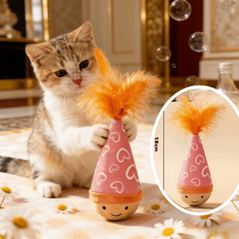 Interactive Wobble Cat Toy with Feathers and Wooden Base – Durable, Self-Righting Design for Endless Play, Exercise, and Entertainment for All Cat Breeds and Sizes (Feather, Red)