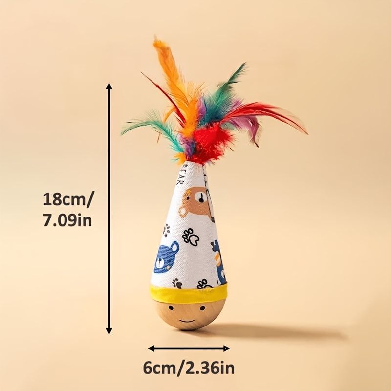Interactive Wobble Cat Toy with Feathers and Wooden Base – Durable, Self-Righting Design for Endless Play, Exercise, and Entertainment for All Cat Breeds and Sizes (Feather, White)