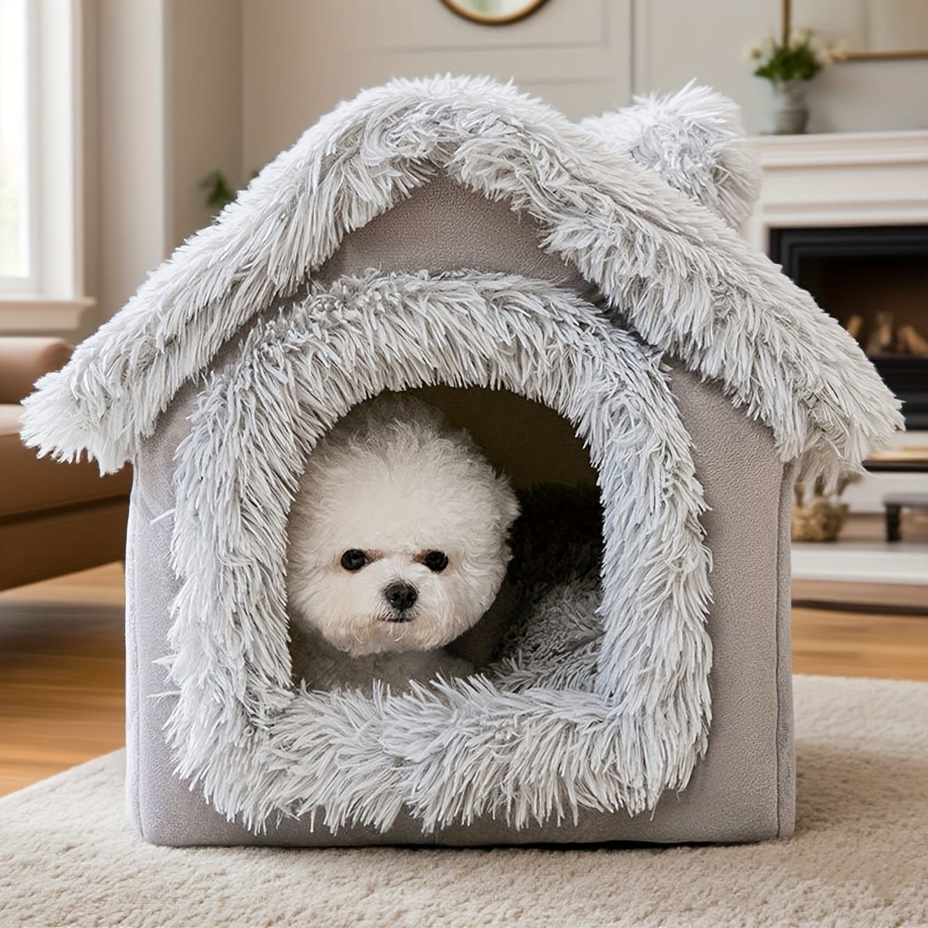 Plush Pet House with Detachable Cushion – Cozy, Warm, and Stylish Indoor Cat or Small Dog Bed – Soft Faux Fur Hideaway with Doorway – Perfect for Year-Round Comfort and Relaxation (M, Grey)