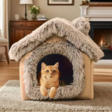 Plush Pet House with Detachable Cushion – Cozy, Warm, and Stylish Indoor Cat or Small Dog Bed – Soft Faux Fur Hideaway with Doorway – Perfect for Year-Round Comfort and Relaxation (S, Brown)