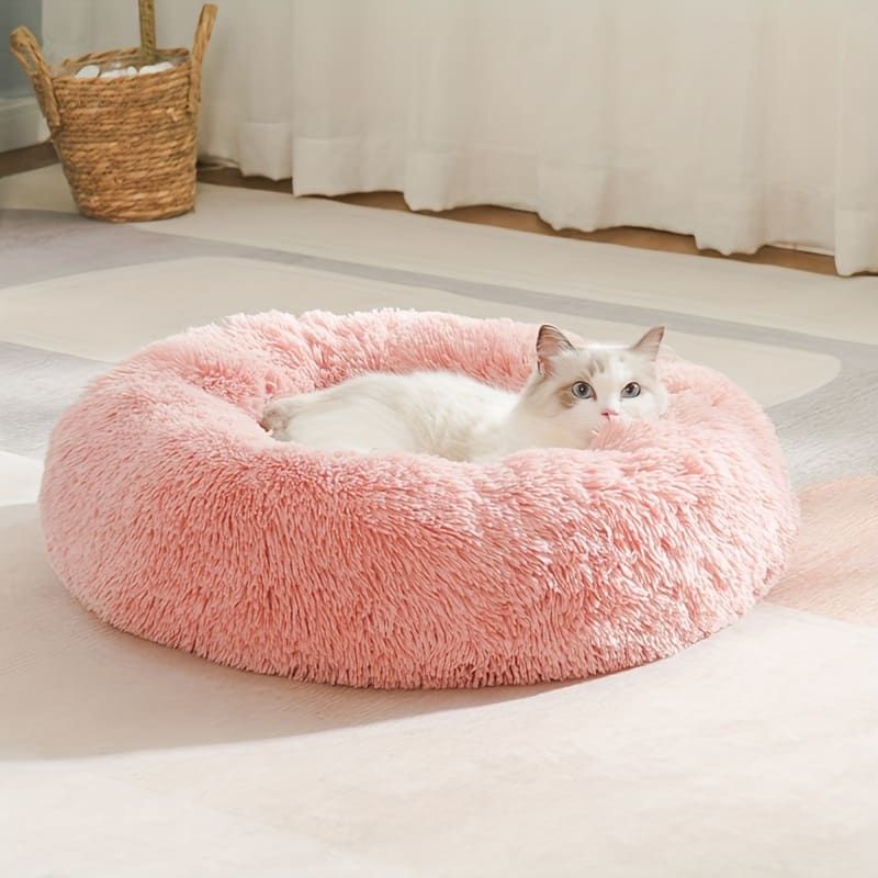 Plush Pet Nest Soft Donut Cat Bed – Cozy Round Couch for Cats and Small Dogs, Comfortable Sleeping Spot for Warmth and Deep Sleep, Suitable for Indoor Home Use (M, Pink)