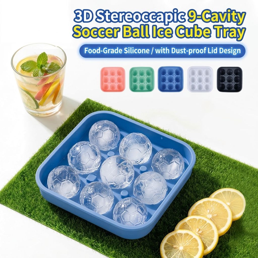 Create Soccer Ball Ice Cubes & Treats with This 9-Cavity Silicone Mold – Perfect for Chilling Drinks, Cocktails, or Baking Chocolate Desserts with a Fun 3D Sports Theme (Blue)