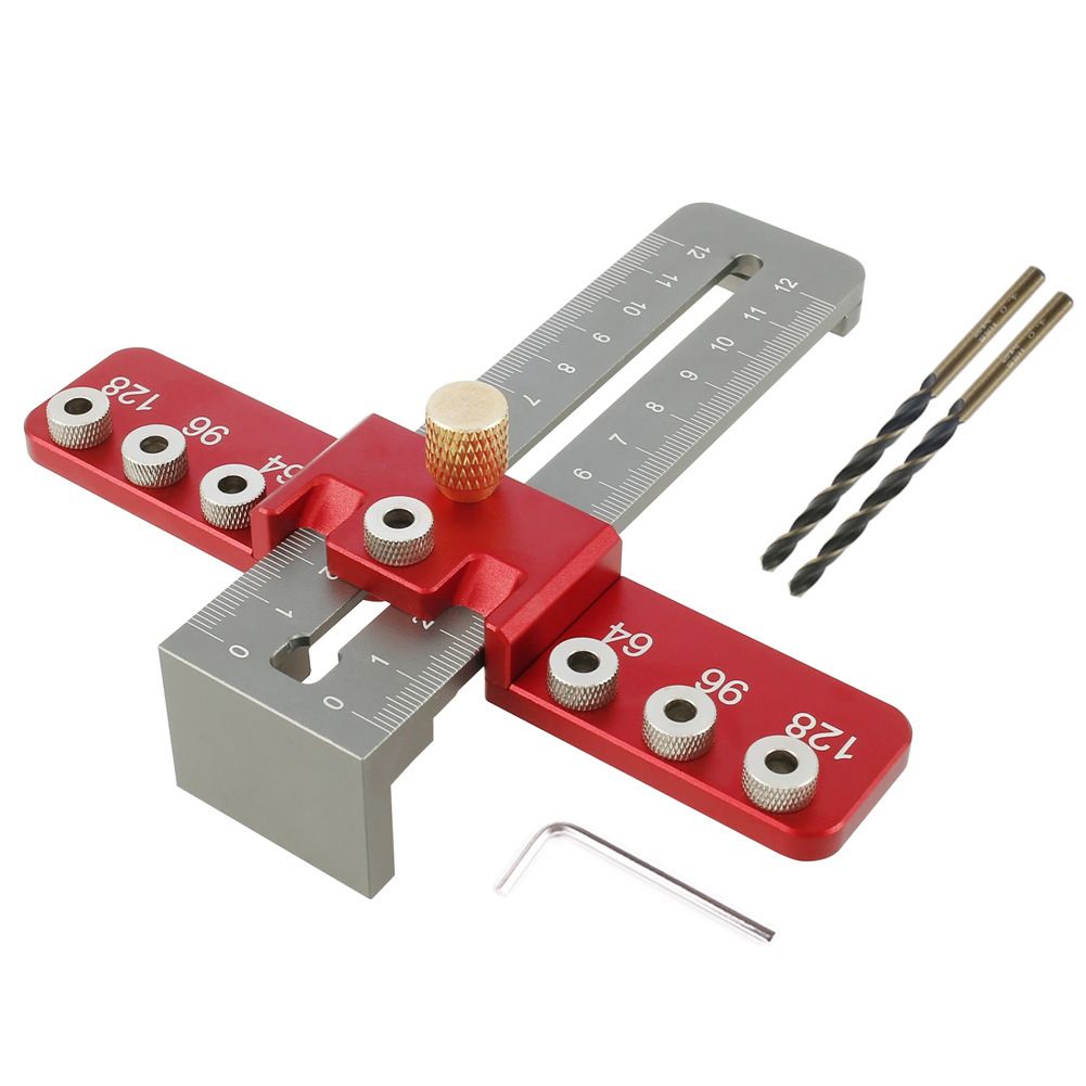 Aluminum Alloy Cabinet Handle Drilling Jig with Adjustable Cross Sliding Structure for Precise Hole Positioning on Drawers, Cupboards, Wardrobes and File Shelves (Red)