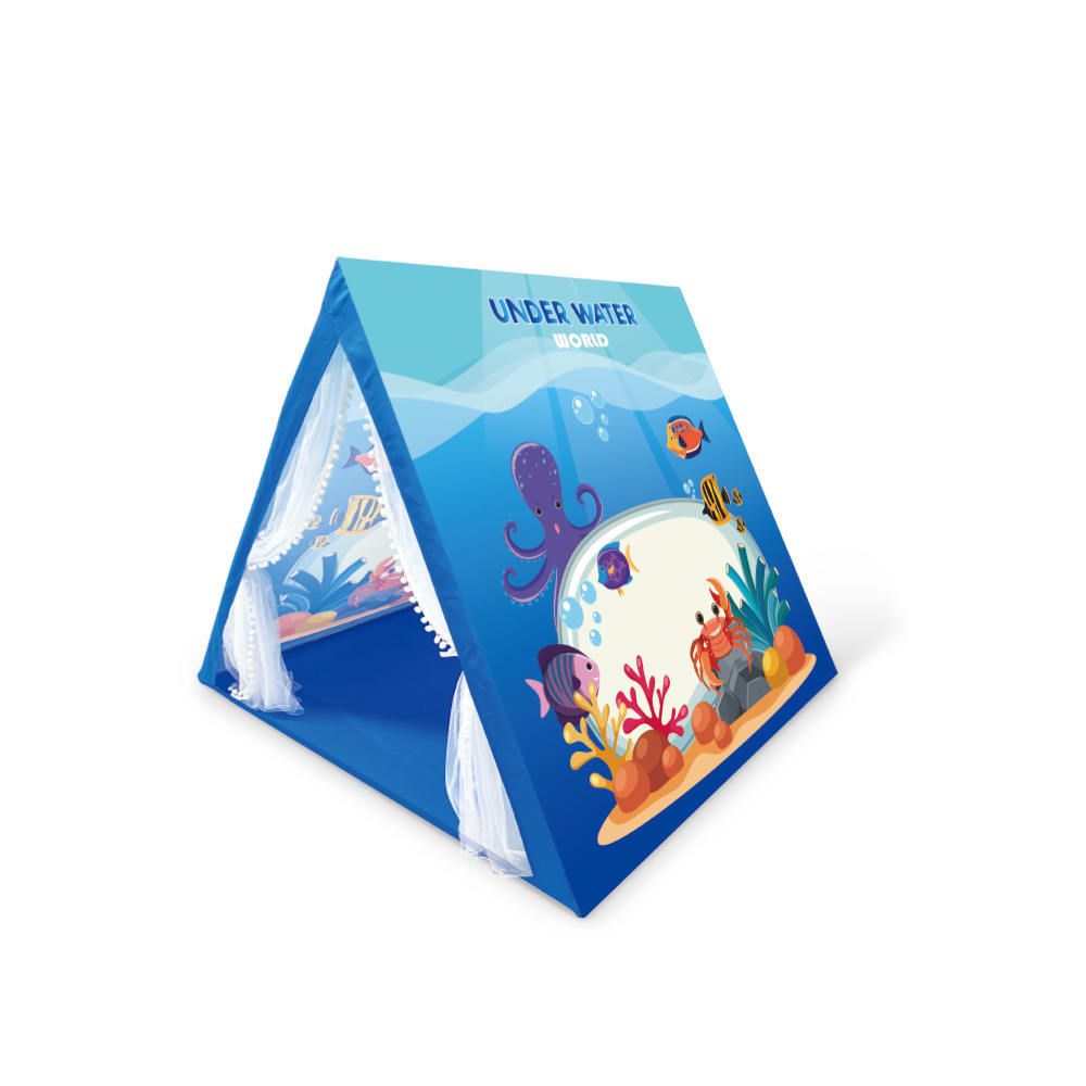 Kids Play Tent for Indoor Outdoor Fun, Waterproof Triangle Teepee with White Mesh Curtains, Spacious 3-in-1 Design for Ages 3+ – Perfect for Playtime, Family Bonding, and Holiday Gifts in Blue Ocean, Pink Mermaid, Light Blue Indian, or Purple Feather Them
