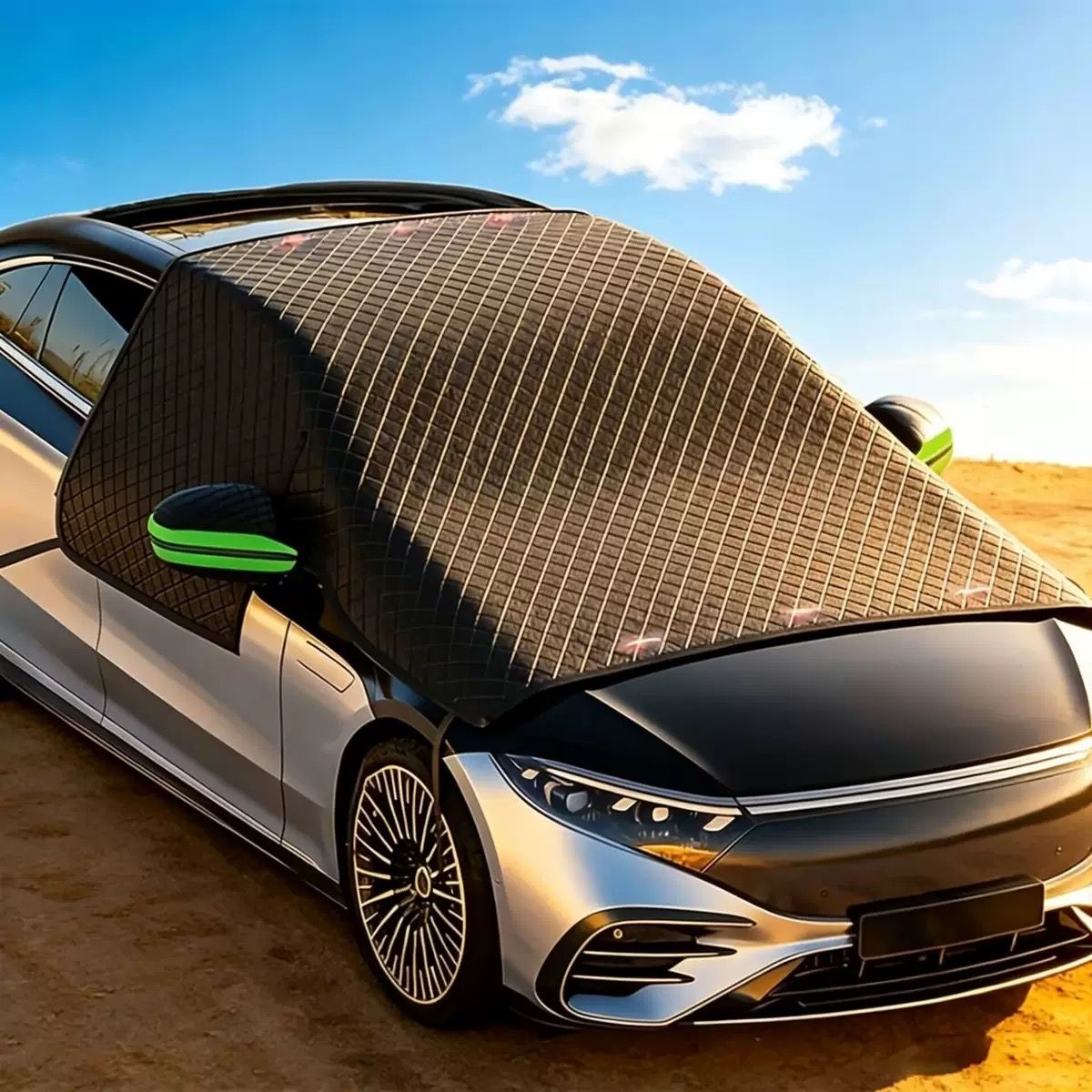 All-Season Car Front Cover Shield for Sedans – Windproof, Snowproof & Sunproof Protection with Magnetic Fixation, Full Coverage for Windshield, Side Windows, and Hood, Ideal for Outdoor Parking (Green2)