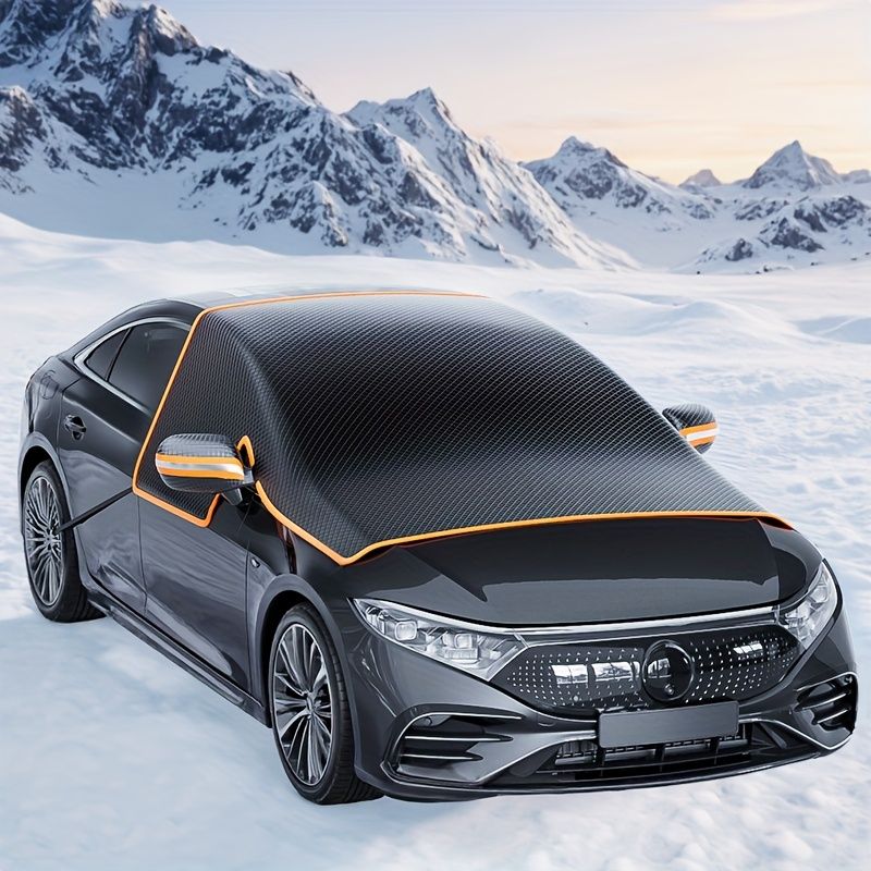 All-Season Car Front Cover Shield for Sedans – Windproof, Snowproof & Sunproof Protection with Magnetic Fixation, Full Coverage for Windshield, Side Windows, and Hood, Ideal for Outdoor Parking (Orange1)