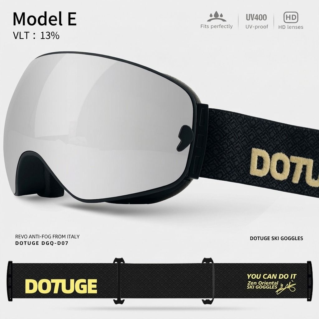 DOTUGE DGQ-D07 Magnetic Flip Ski Goggles with REVO Coated Dual-Layer Anti-Fog Spherical Lens, UV400 Protection, OTG Design, and Wide Field of View for Snow Sports (E)