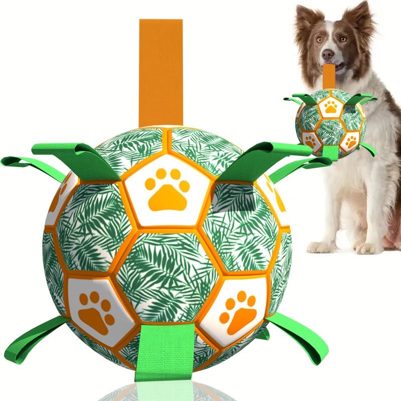 Interactive Dog Soccer Ball Toy with Bite-Resistant PU Surface and Durable Nylon Straps for Fetch, Tug, and Play in Indoor or Outdoor Settings (S)