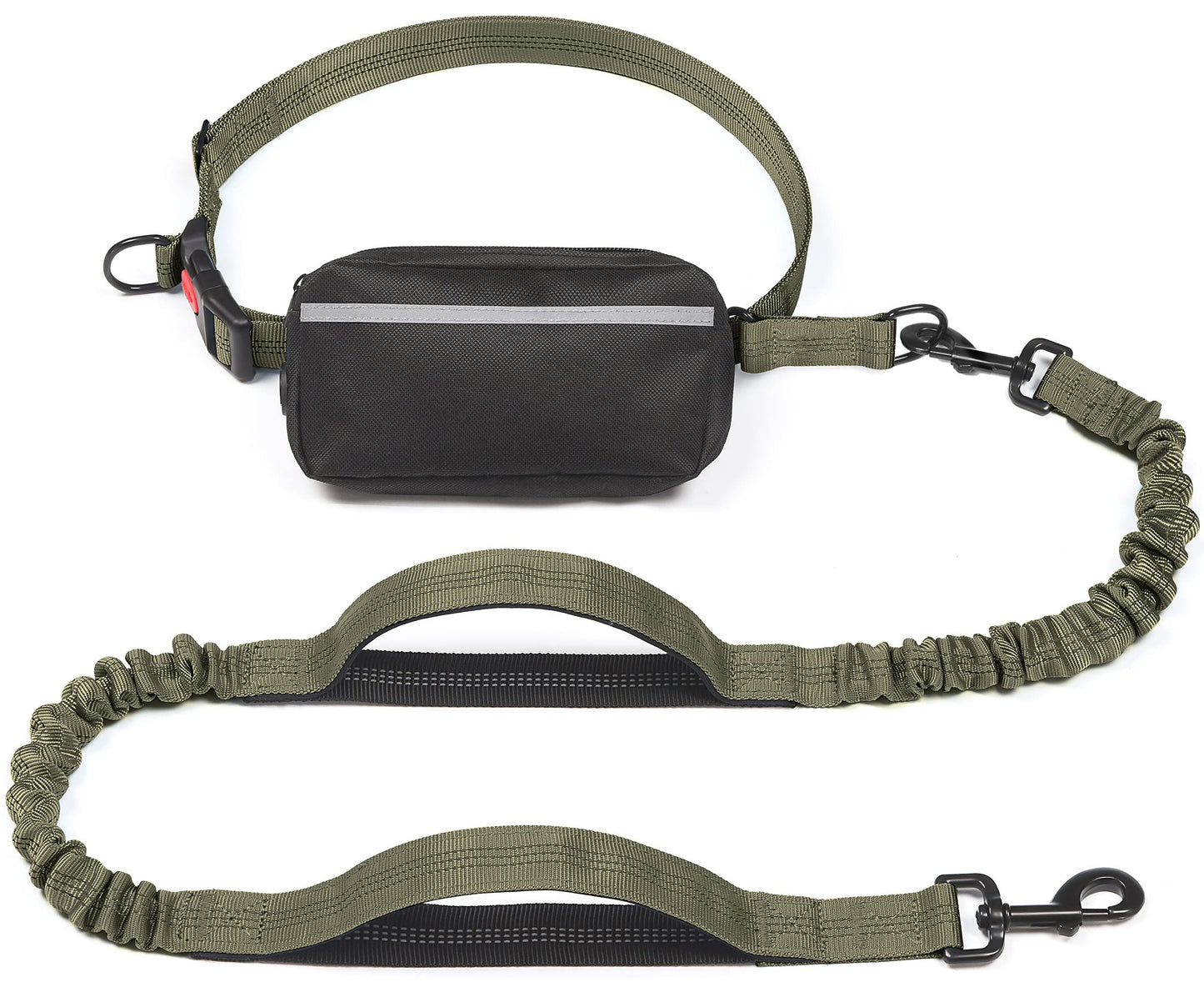 Hands-Free Dog Leash Set with Waist Belt and Storage Pouch, Shock-Absorbing Bungee Leash for Jogging, Walking, and Outdoor Adventures, Reflective Safety Design for Night Use (DarkGreen)