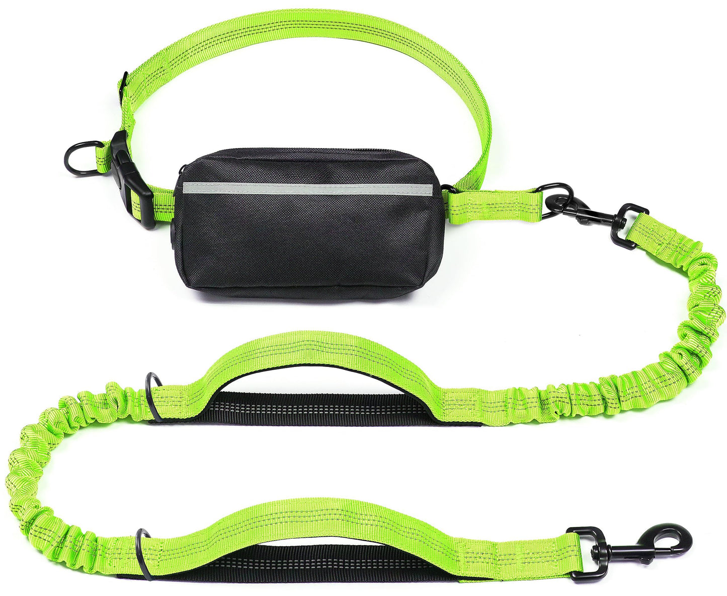 Hands-Free Dog Leash Set with Waist Belt and Storage Pouch, Shock-Absorbing Bungee Leash for Jogging, Walking, and Outdoor Adventures, Reflective Safety Design for Night Use (GrassGreen)