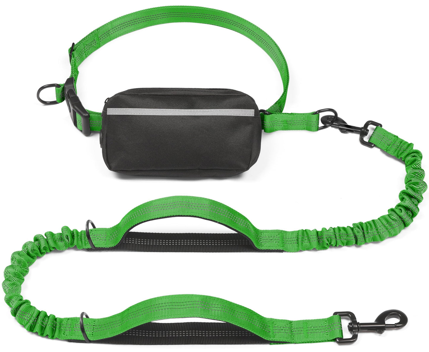 Hands-Free Dog Leash Set with Waist Belt and Storage Pouch, Shock-Absorbing Bungee Leash for Jogging, Walking, and Outdoor Adventures, Reflective Safety Design for Night Use (Green)