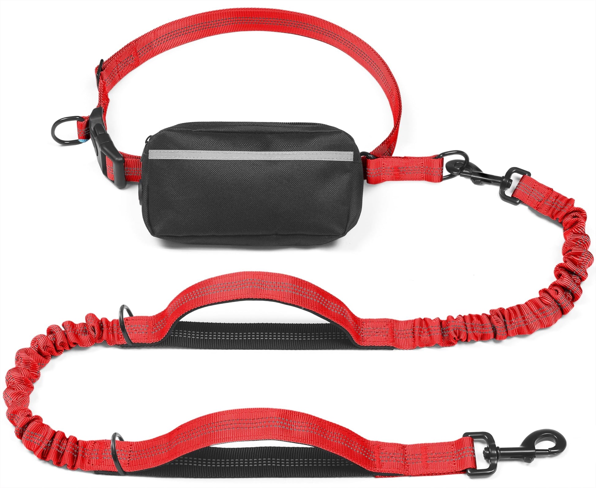Hands-Free Dog Leash Set with Waist Belt and Storage Pouch, Shock-Absorbing Bungee Leash for Jogging, Walking, and Outdoor Adventures, Reflective Safety Design for Night Use (Red)