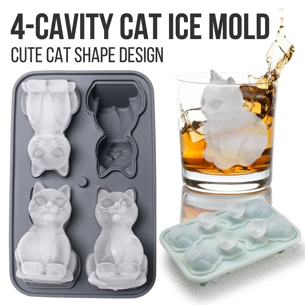 Adorable 4-Cavity Cat-Shaped Silicone Ice Mold for Whiskey, Coffee & Fruit Drinks – Easy-Release, Fun Beverage Chilling for Home Bars and Everyday Dining (Green)