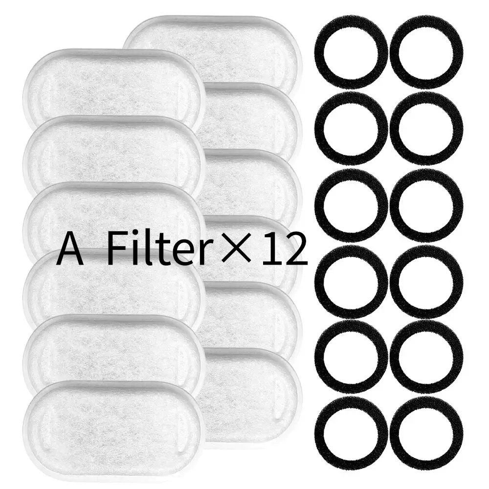 Replacement Pet Water Fountain Filter Kit with Runway Filter, Round Foam, and Square Activated Carbon Pad for Clean, Fresh Drinking Water for Cats and Dogs (A Filter×12)