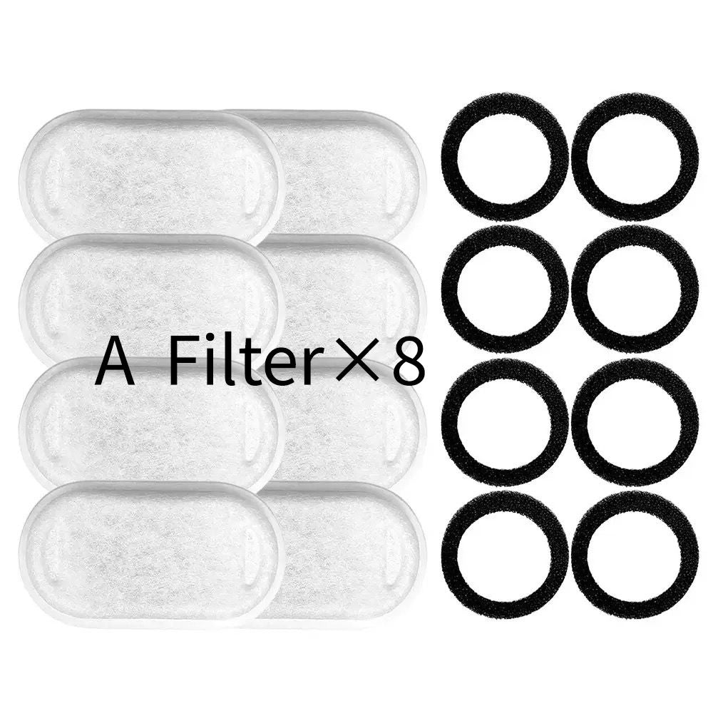 Replacement Pet Water Fountain Filter Kit with Runway Filter, Round Foam, and Square Activated Carbon Pad for Clean, Fresh Drinking Water for Cats and Dogs (A Filter×8)