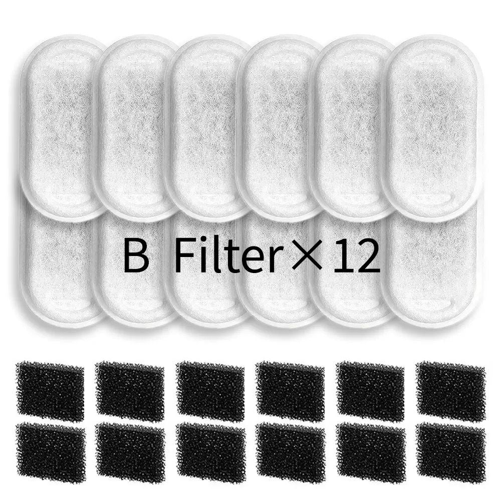 Replacement Pet Water Fountain Filter Kit with Runway Filter, Round Foam, and Square Activated Carbon Pad for Clean, Fresh Drinking Water for Cats and Dogs (B Filter×12)