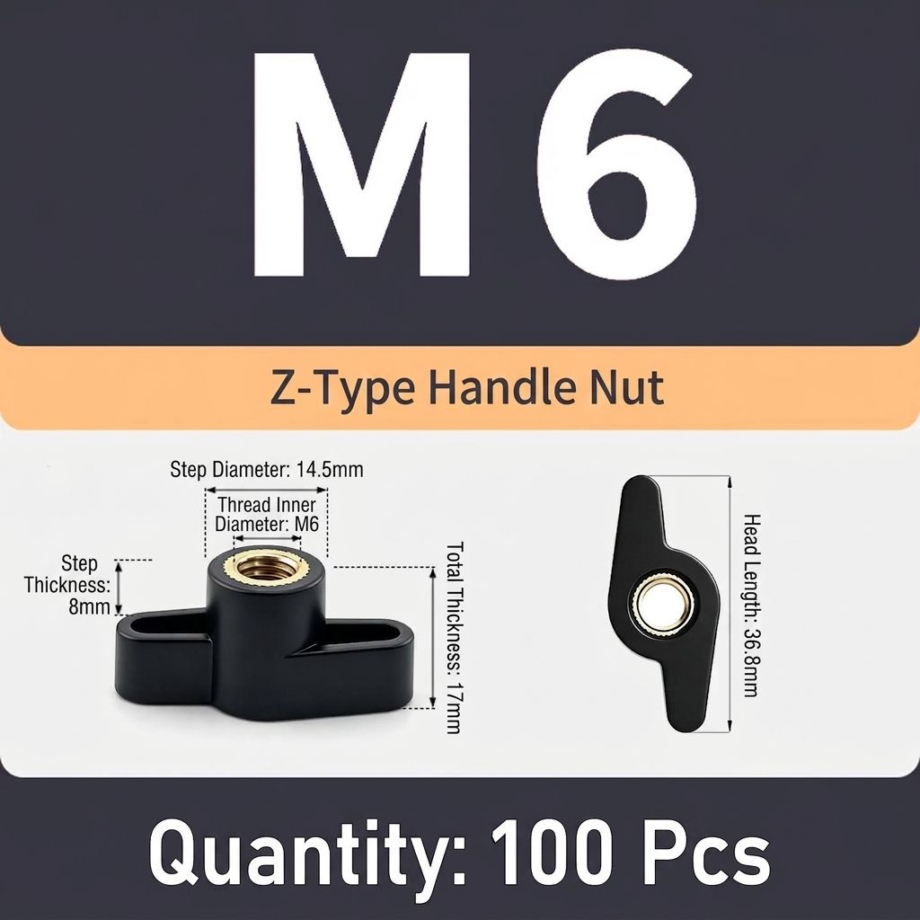 Z-Shaped Hand Knob Nut with Copper Threads for Woodworking Fixture Clamping, Machinery Adjustment, Furniture Assembly, and Food Industry Equipment Fastening Tasks (M6(100PCS ))
