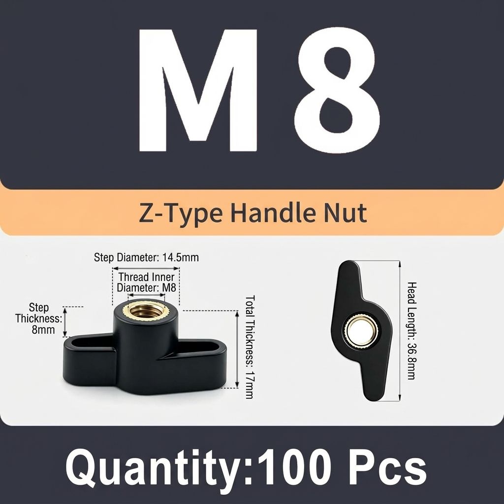 Z-Shaped Hand Knob Nut with Copper Threads for Woodworking Fixture Clamping, Machinery Adjustment, Furniture Assembly, and Food Industry Equipment Fastening Tasks (M8(100PCS ))