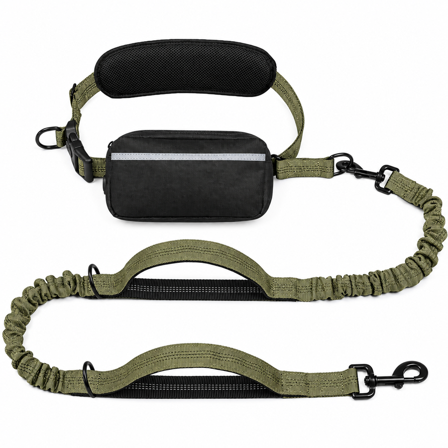 Hands-Free Dog Walking Belt with Bungee Leash and Reflective Waist Pouch Set for Running Jogging and Outdoor Adventures with Dogs (Army Green)