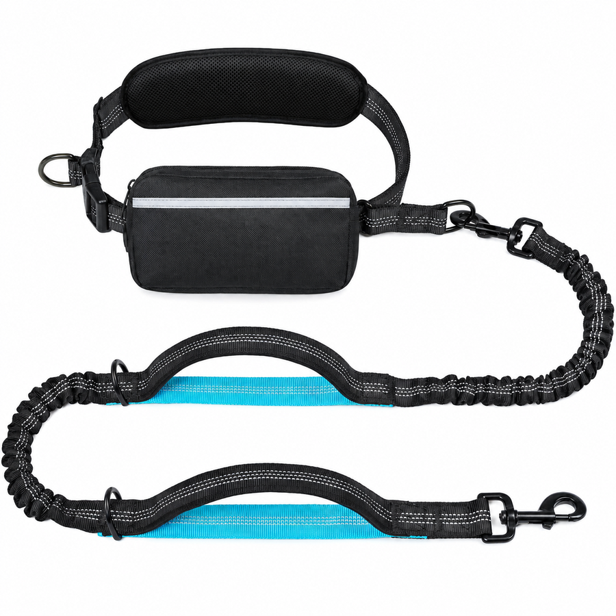 Hands-Free Dog Walking Belt with Bungee Leash and Reflective Waist Pouch Set for Running Jogging and Outdoor Adventures with Dogs (Black)