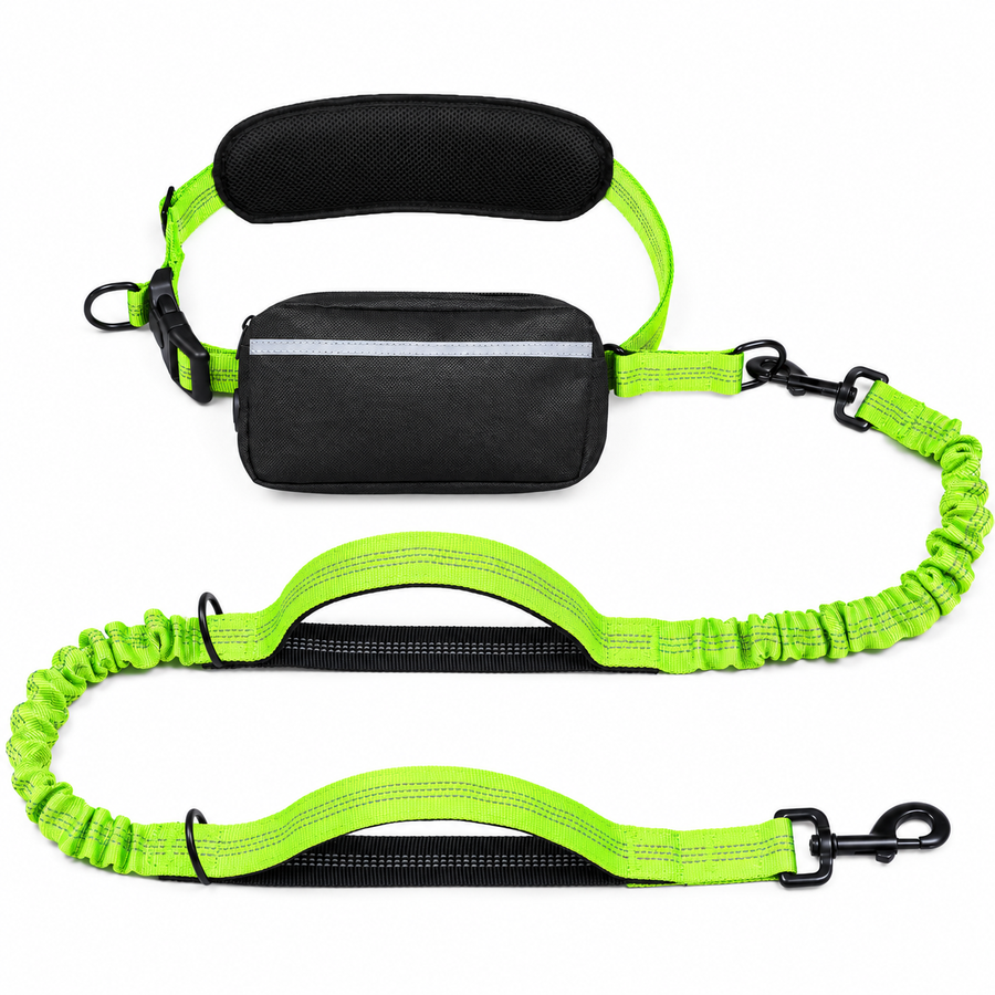 Hands-Free Dog Walking Belt with Bungee Leash and Reflective Waist Pouch Set for Running Jogging and Outdoor Adventures with Dogs (Fluorescent Green)