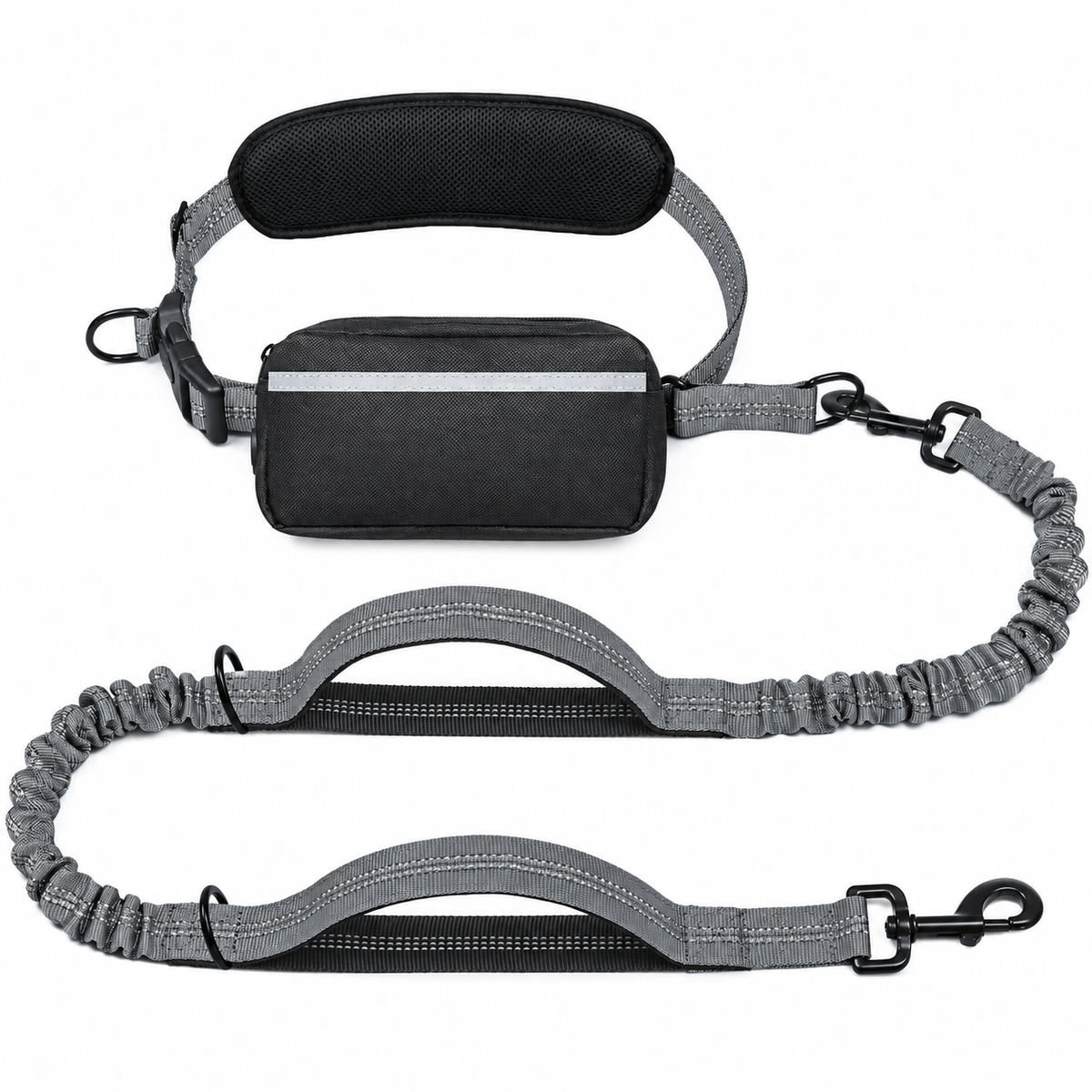 Hands-Free Dog Walking Belt with Bungee Leash and Reflective Waist Pouch Set for Running Jogging and Outdoor Adventures with Dogs (Grey)