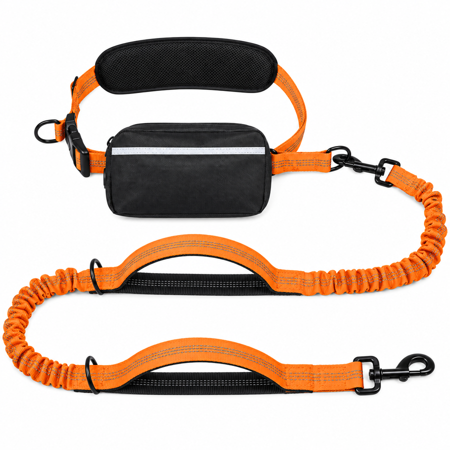 Hands-Free Dog Walking Belt with Bungee Leash and Reflective Waist Pouch Set for Running Jogging and Outdoor Adventures with Dogs (Orange)