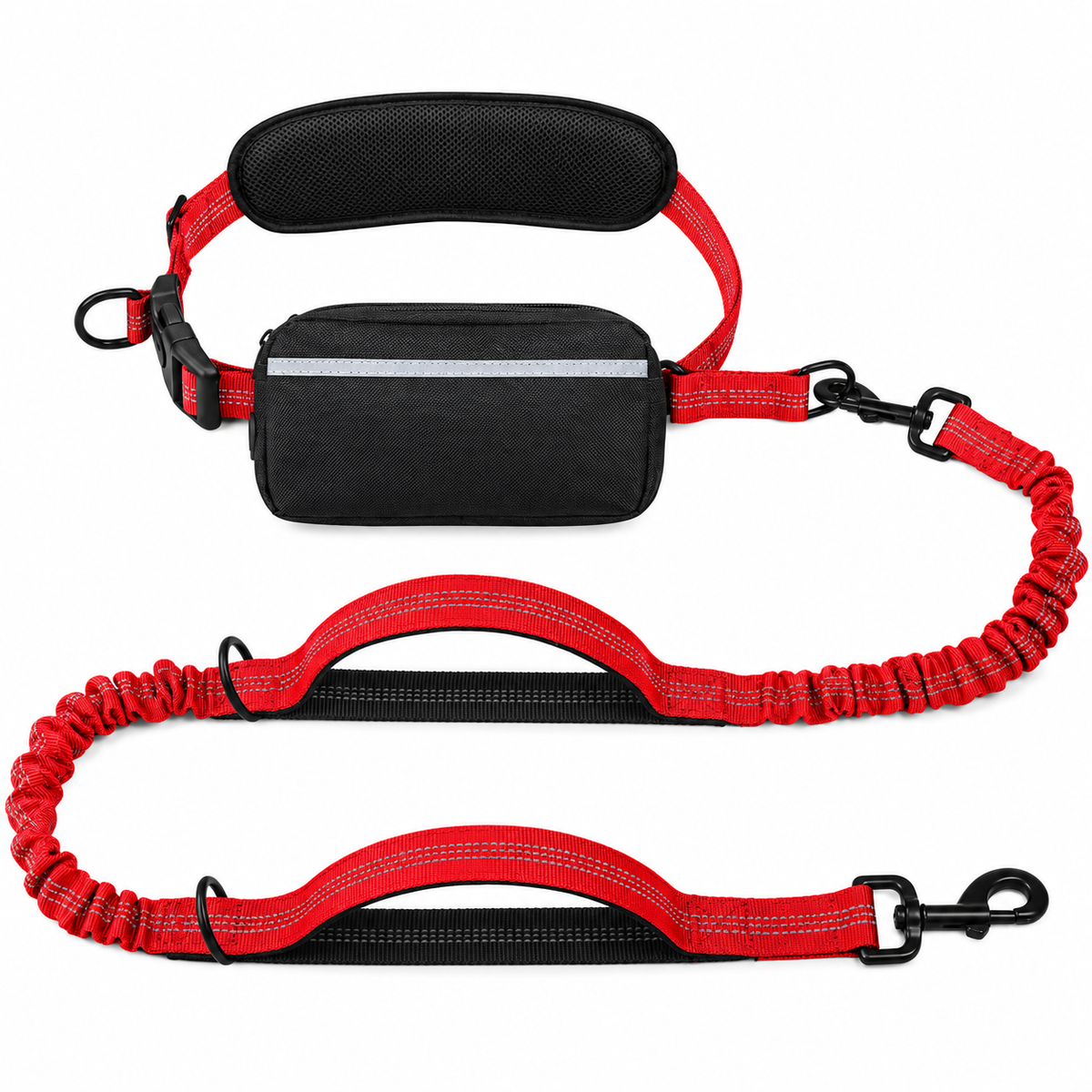Hands-Free Dog Walking Belt with Bungee Leash and Reflective Waist Pouch Set for Running Jogging and Outdoor Adventures with Dogs (Red)