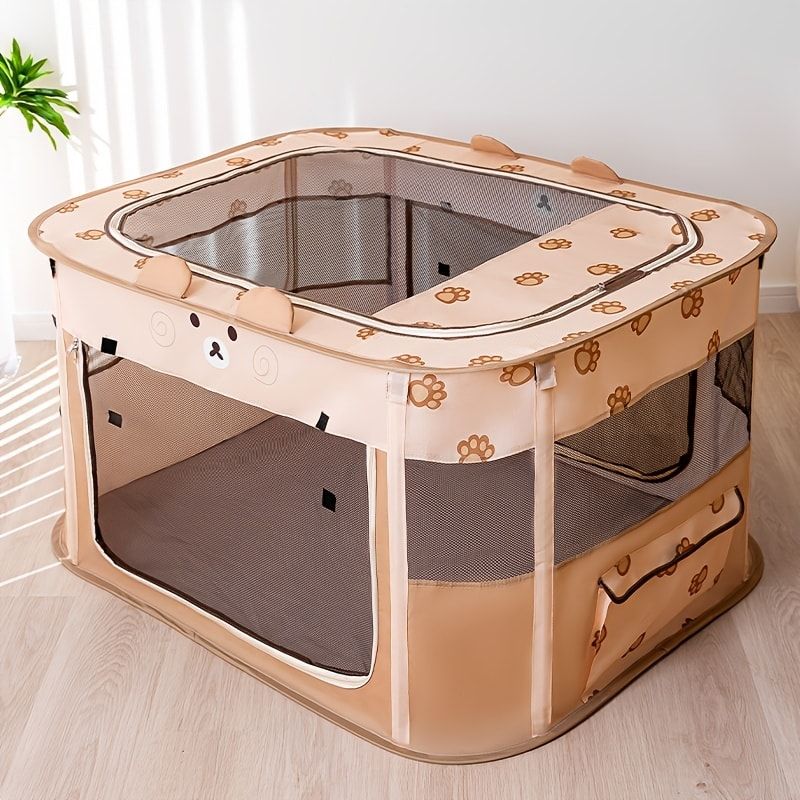 Foldable Pet Playpen with Zippered Top, Portable Cat Whelping Box & Puppy Kennel for Indoor/Outdoor Use, Easy Assembly, Multi-Functional Tent for Small Pets (Brown-XL)