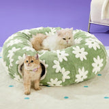 2-in-1 Plush Donut Cat Tunnel Bed, Checkered Pattern Pet Cave with Interactive Hanging Ball, Non-Slip Bottom, Foldable Design for Indoor Cats and Kittens (Green)
