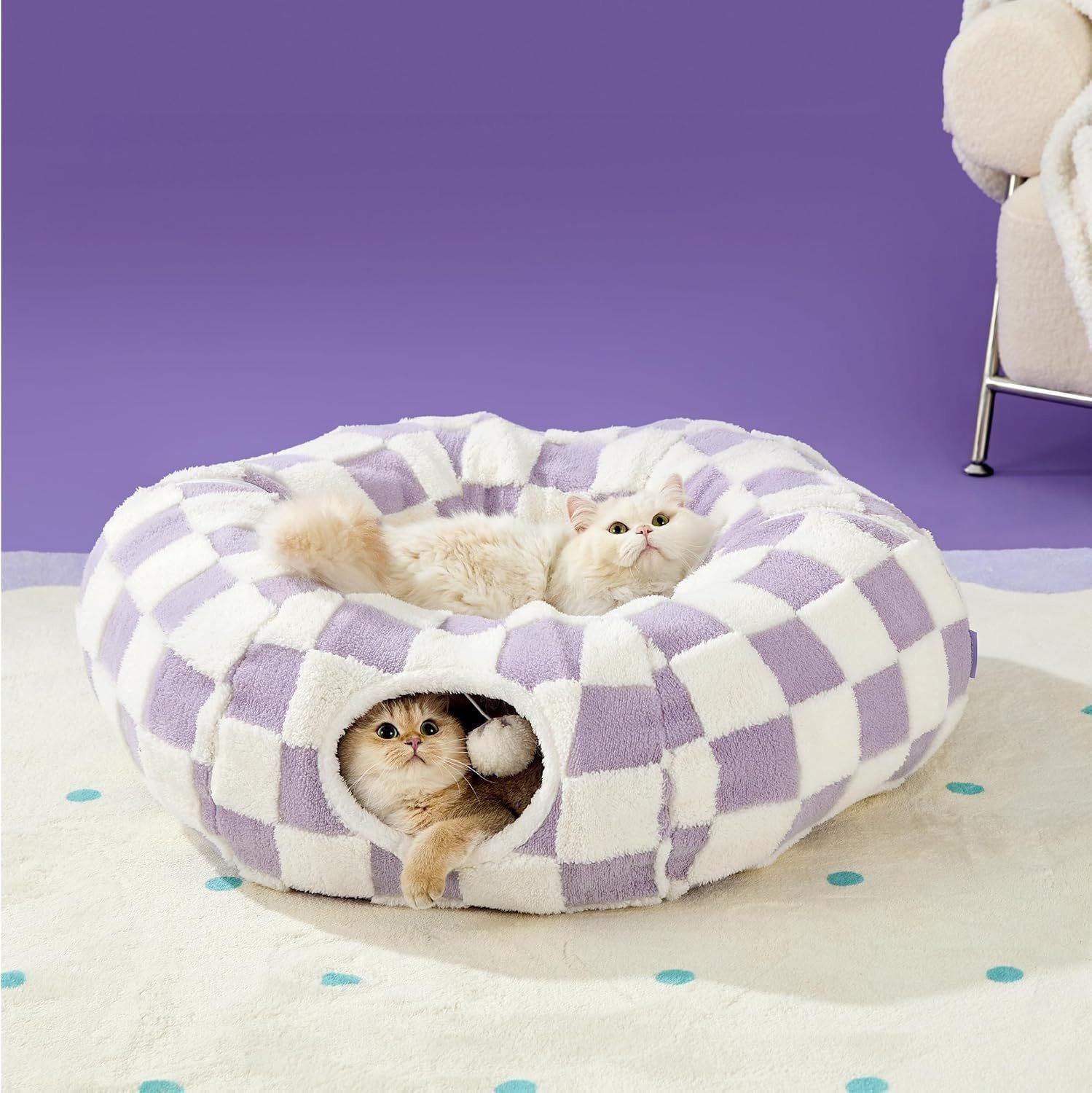 2-in-1 Plush Donut Cat Tunnel Bed, Checkered Pattern Pet Cave with Interactive Hanging Ball, Non-Slip Bottom, Foldable Design for Indoor Cats and Kittens (Purple)