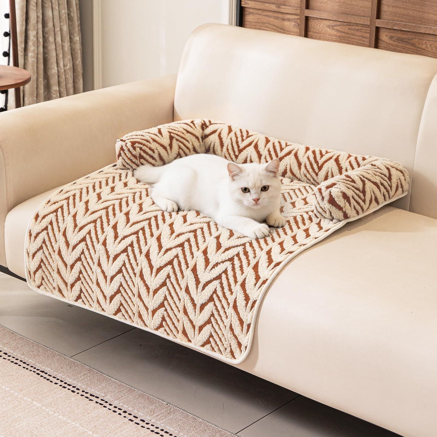 Ultra-Soft Plush Pet Sofa Bed with Bolster Support, Washable Couch Protector Mat for Cats and Small to Medium Dogs, Multi-Scenario Use for Home, Car, or Outdoor (M, Brown)