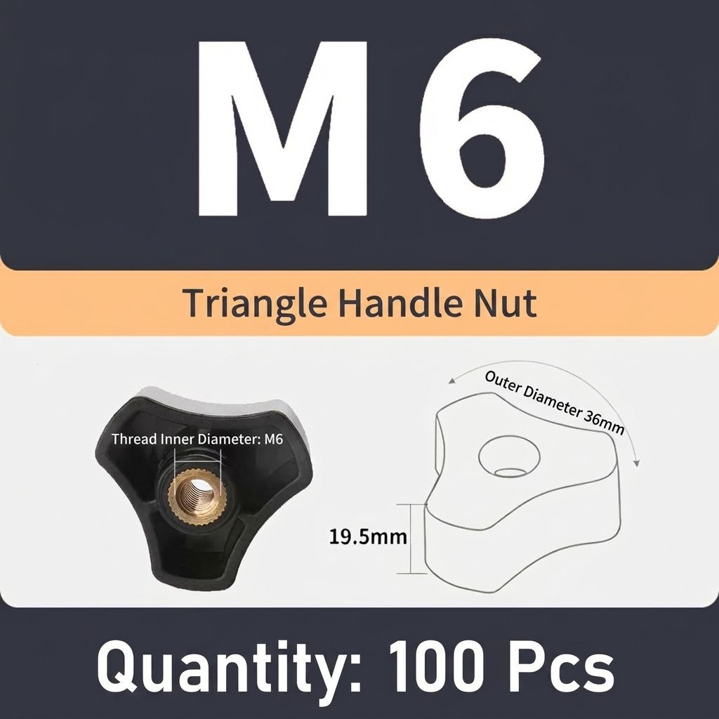 Triangular Knob Nut with Brass Threaded Insert, Ergonomic Hand-Tighten Design for Food Industry, Marine Hardware, Machinery, Furniture and Industrial Applications (M6(100PCS))